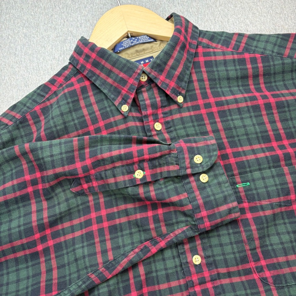 Vintage Tommy Hilfiger Button‎ Up Shirt Mens XL Green Red Plaid Flannel Cotton